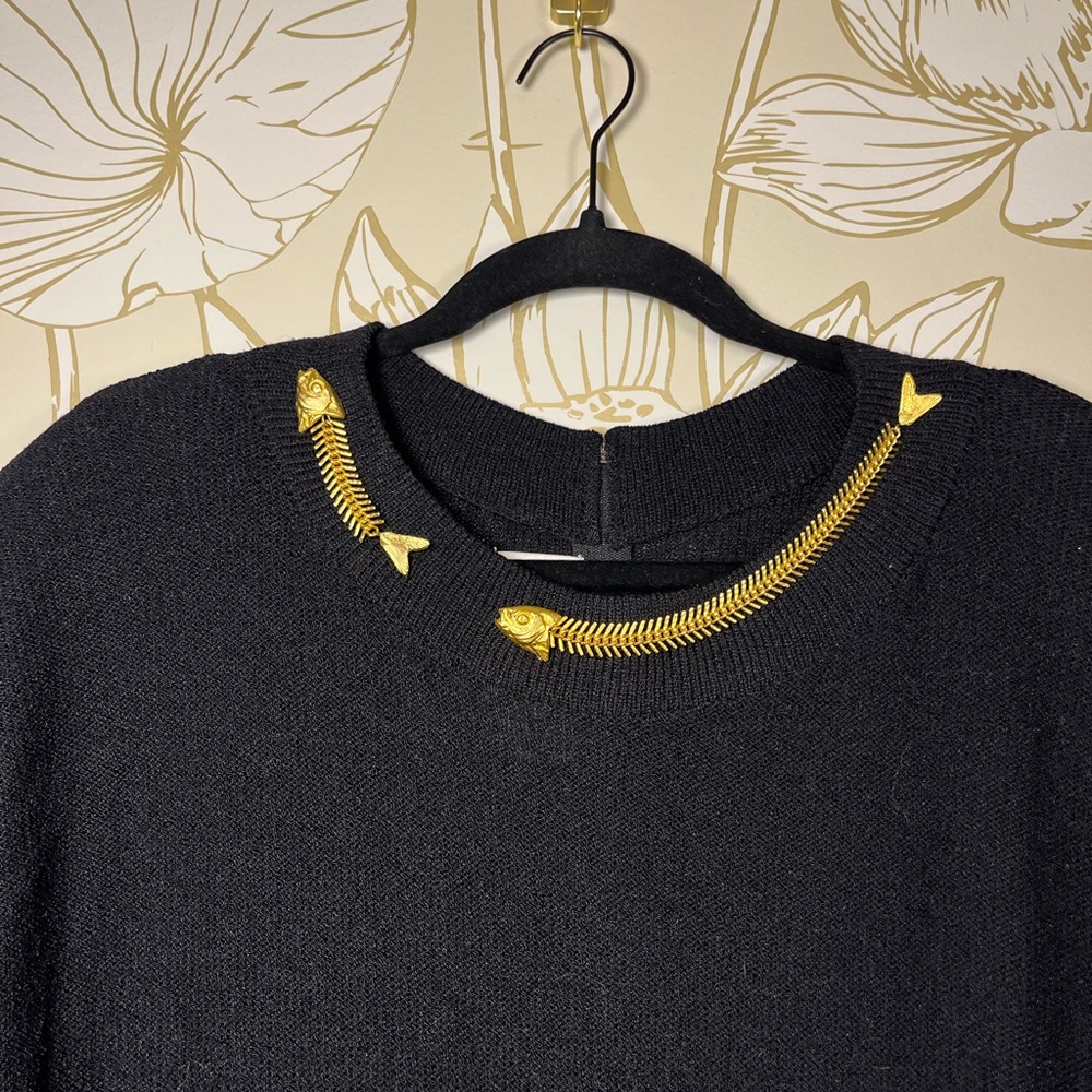 Vintage Steve Fabrikant Black Long Sleeve Knit Dress w/Gold Fish Skeleton Trim - Picture 3 of 6